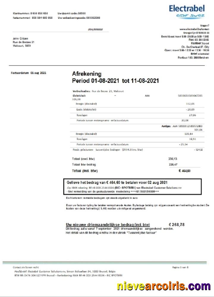 Belgium Electrabel electricity utility bill